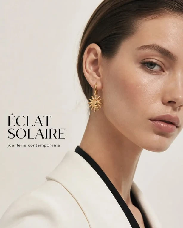 Boucles d oreilles soleil dorées portées au quotidien avec rendu lumineux sur le visage