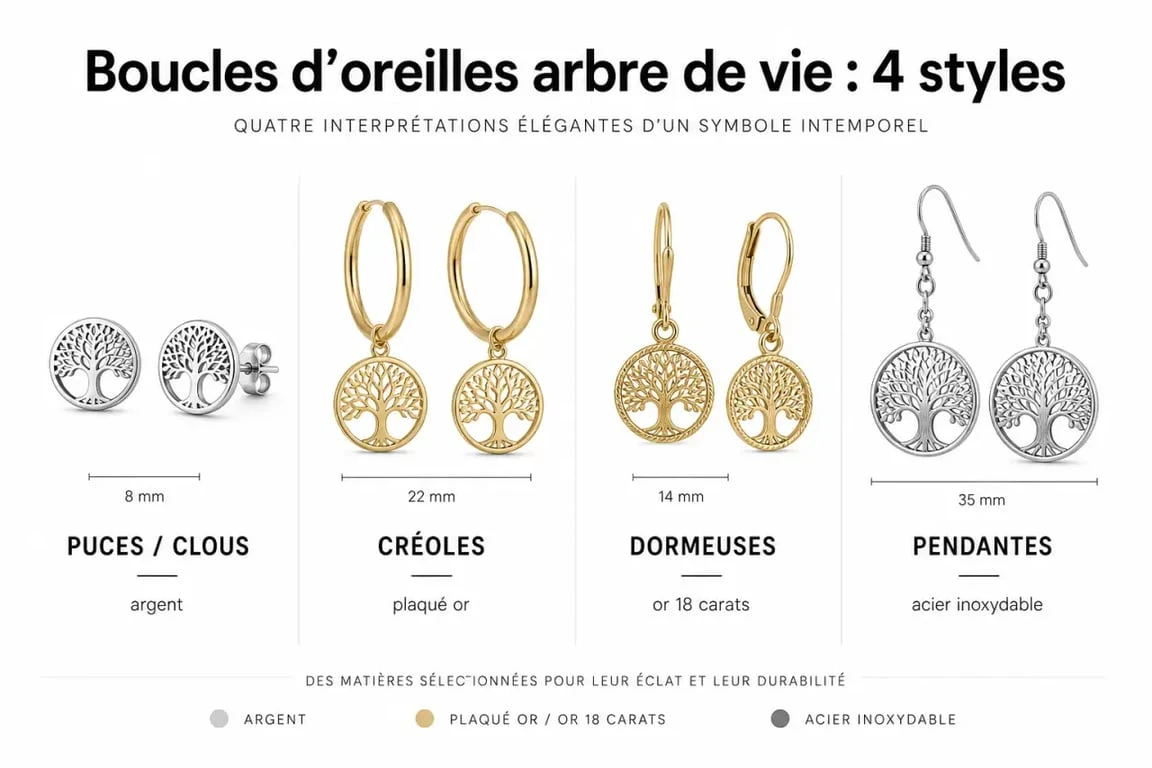 Boucles d oreilles arbre de vie : comparaison visuelle des styles puces, créoles, dormeuses et pendantes