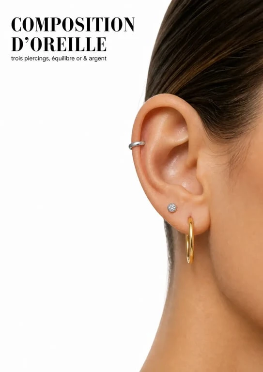 Compo boucles d oreilles portée sur une oreille avec créole fine, puce et earcuff discret