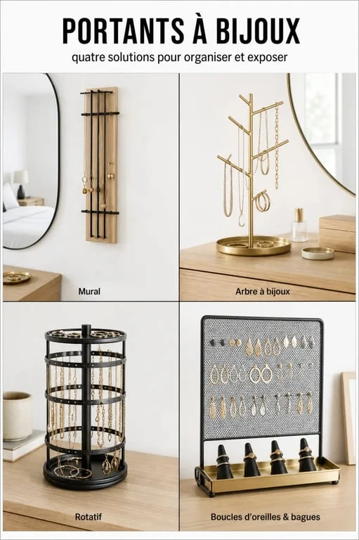 Portant à bijoux comparatif des principaux formats : mural, arbre, rotatif et présentoir spécialisé