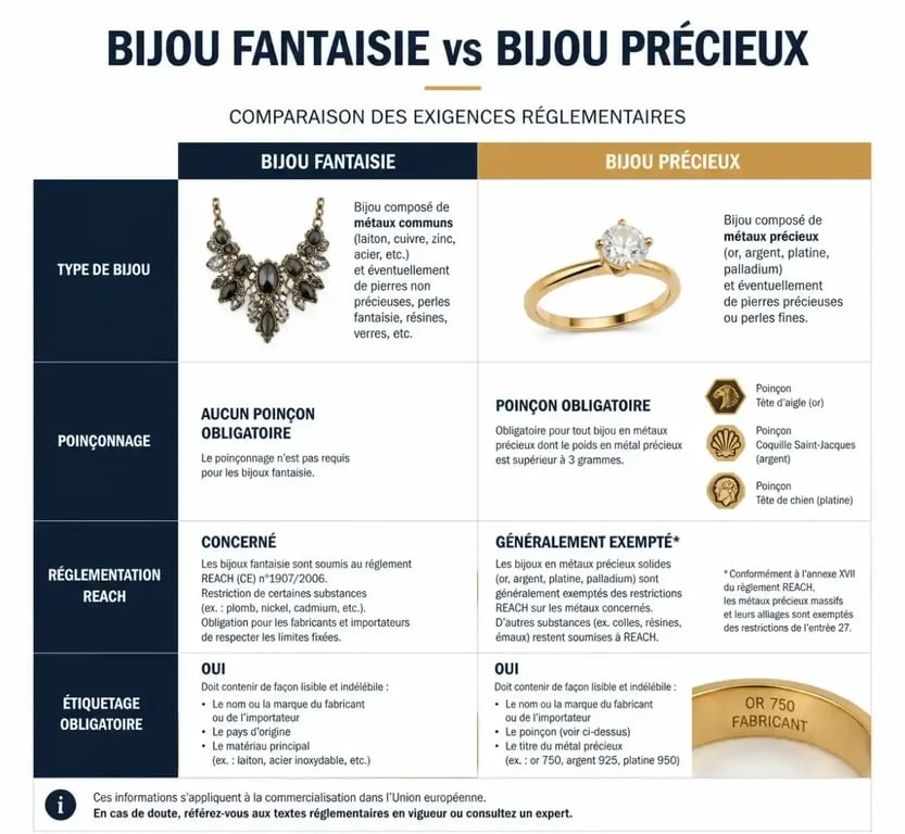 Tableau comparatif des obligations légales pour la vente de bijoux fantaisie et bijoux précieux