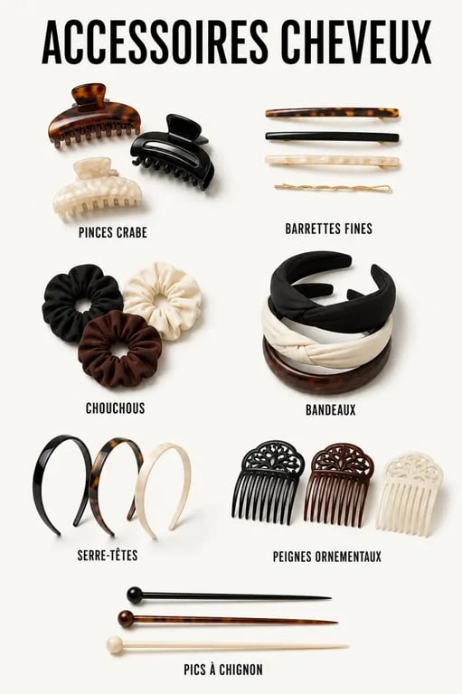 Accessoires pour cheveux présentés par familles dans une composition éditoriale