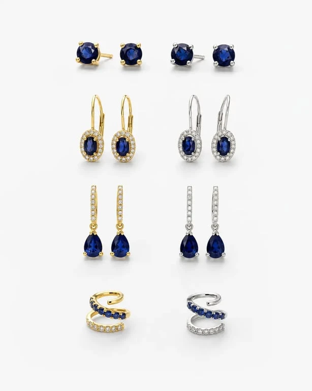 Boucles d’oreilles saphir en différents styles avec montures en or blanc et or jaune