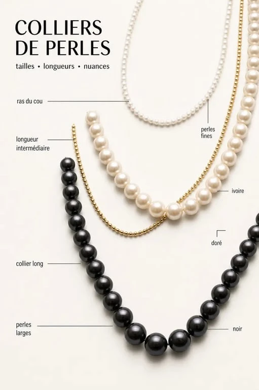 Collier de perles en plusieurs styles, couleurs et longueurs