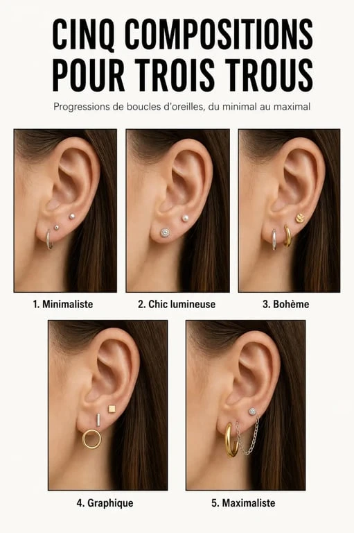 Composition boucles d oreilles 3 trous : cinq idées de looks minimaliste, chic, bohème, graphique et maximaliste