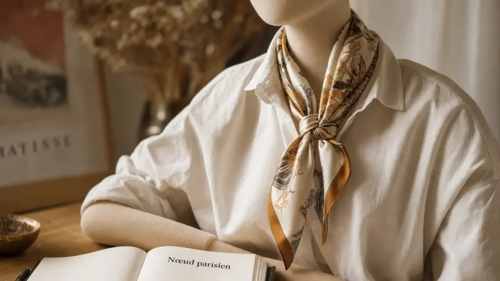 Foulard autour du cou en soie 90x90 noué en nœud parisien