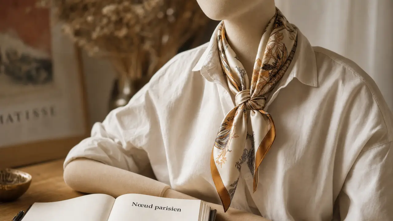 Foulard autour du cou en soie 90x90 noué en nœud parisien