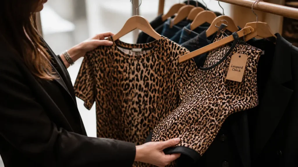 Haut femme leopard, tissu près du corps, col ras du cou sur portant