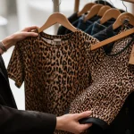 Haut femme leopard, tissu près du corps, col ras du cou sur portant