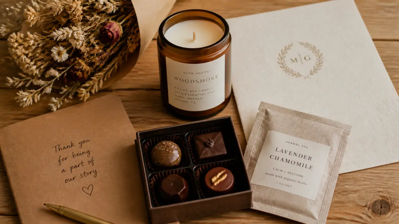 Idées cadeaux belle mère : bougie, chocolats et tisanes sur table