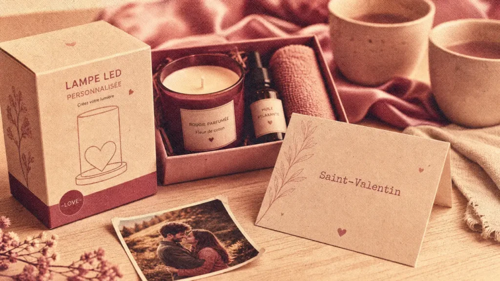 Idées cadeaux Saint Valentin femme : lampe LED personnalisée et coffret bien-être