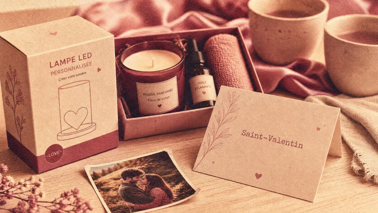 Idées cadeaux Saint Valentin femme : lampe LED personnalisée et coffret bien-être