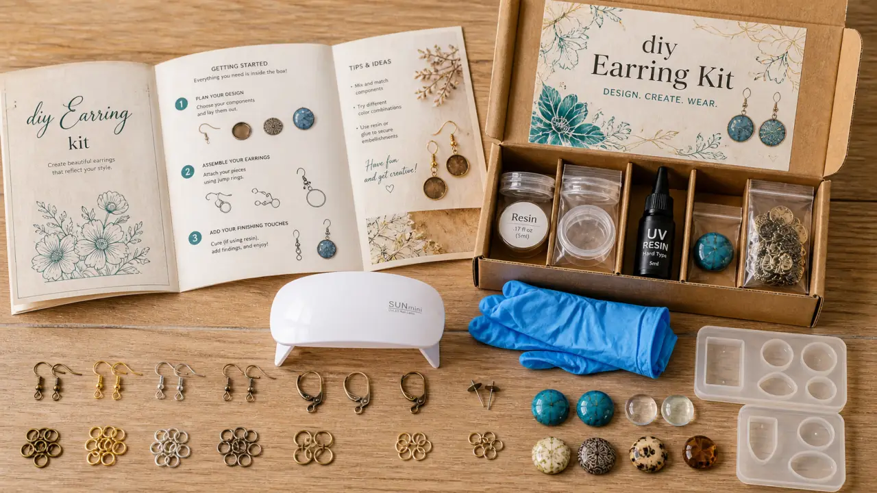 Kit boucles d oreilles : résine UV, clips et apprêts sur table