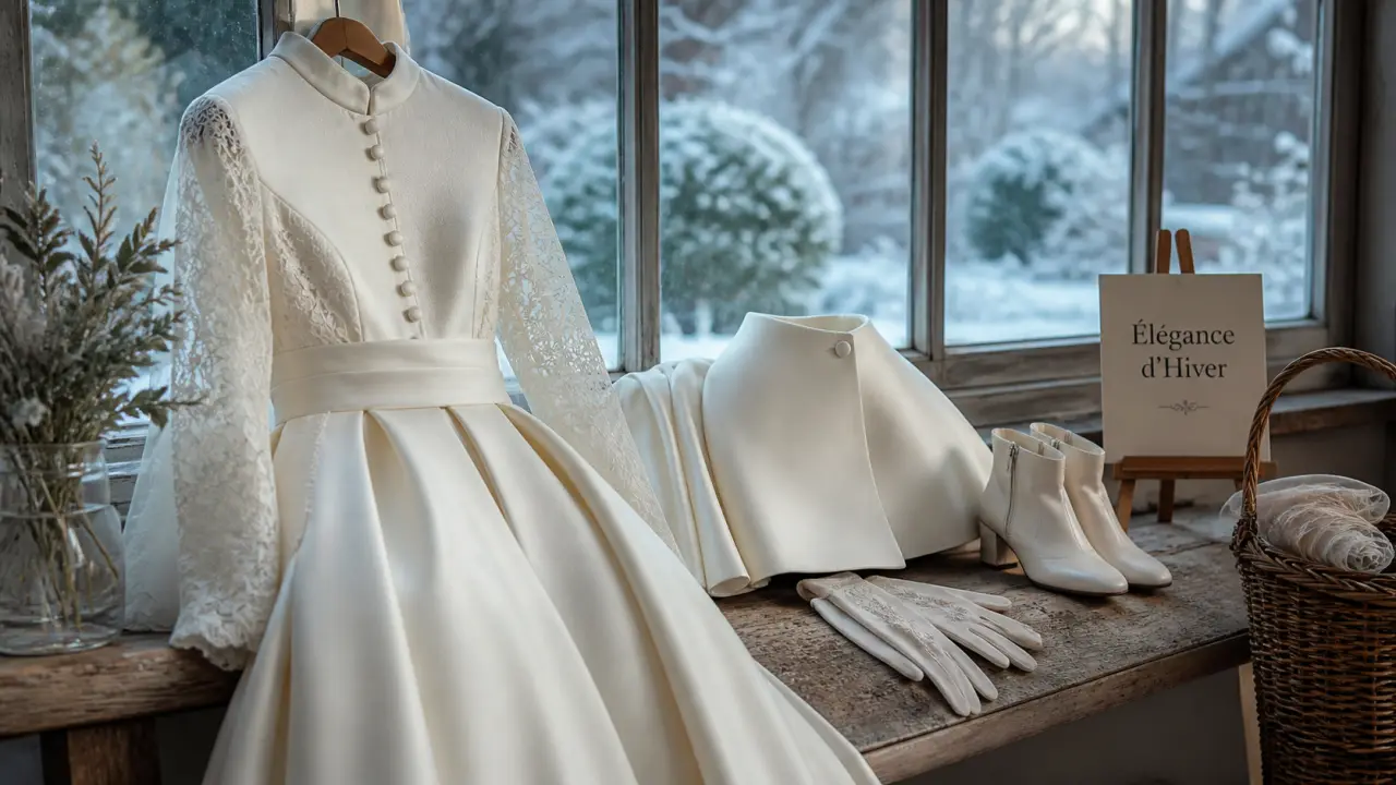 Mariage hiver robe : robe de mariée ivoire à manches longues en dentelle, avec cape