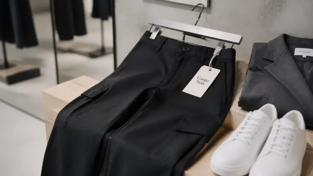 Pantalon cargo femme noir à taille haute, coupe droite, poches latérales visibles