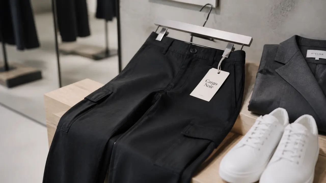 Pantalon cargo femme noir à taille haute, coupe droite, poches latérales visibles
