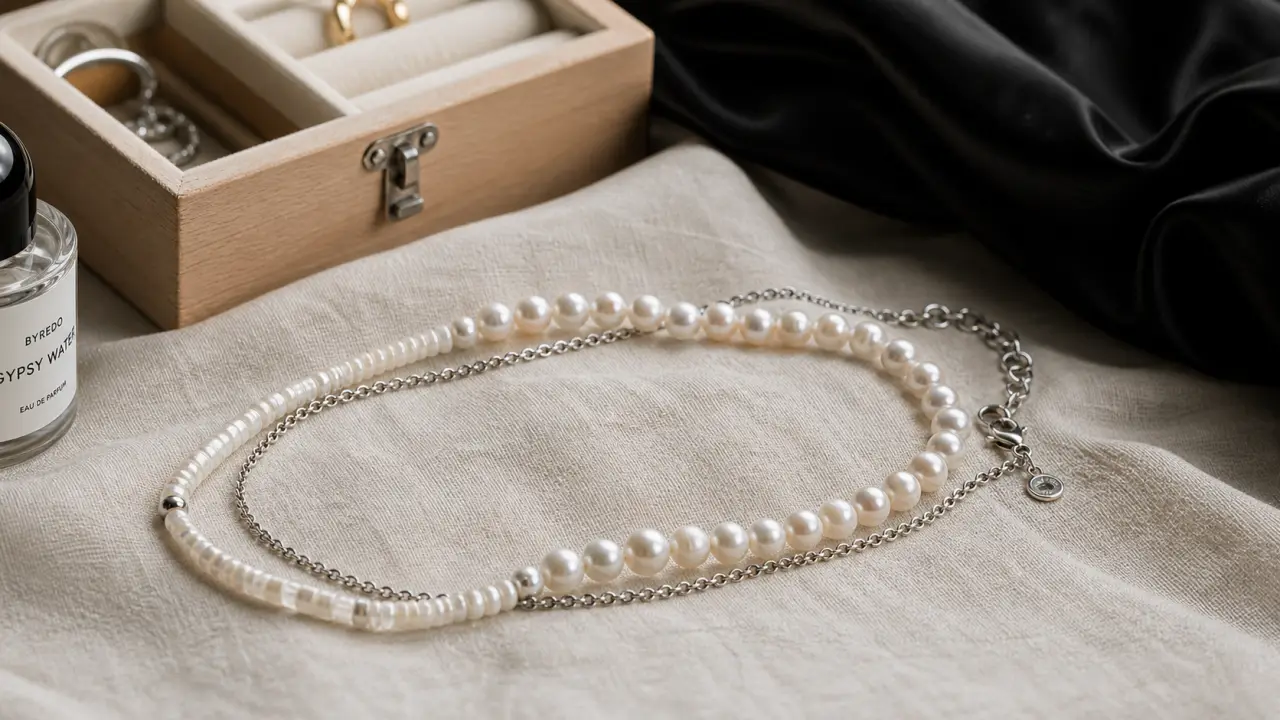Perles collier nacre sur lin ivoire, chaîne argentée