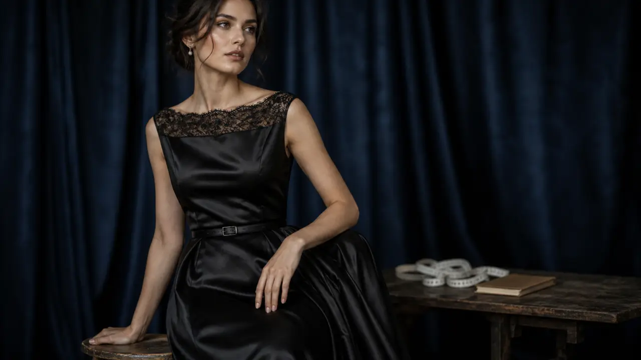 Robe de soirée chic et classe satin noir A-line, ceinture et dentelle au col