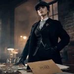 Tenue peaky blinders femme années 20 : manteau long noir et accessoires