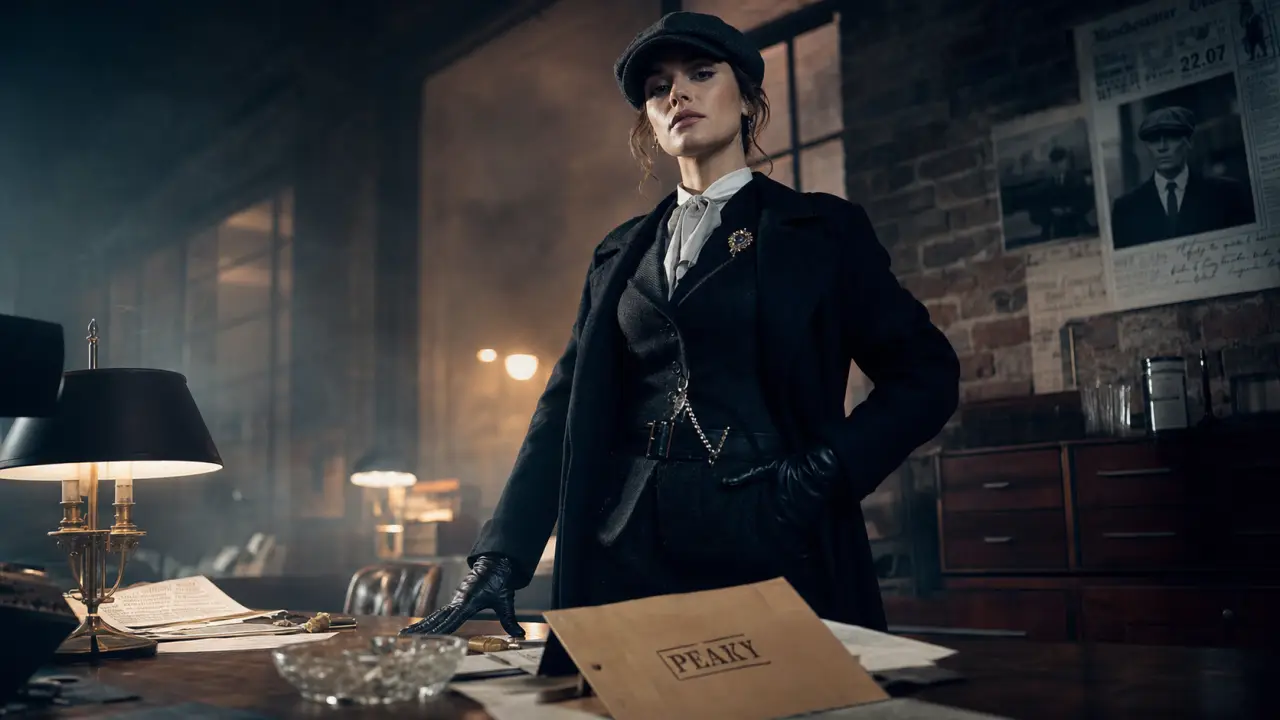 Tenue peaky blinders femme années 20 : manteau long noir et accessoires