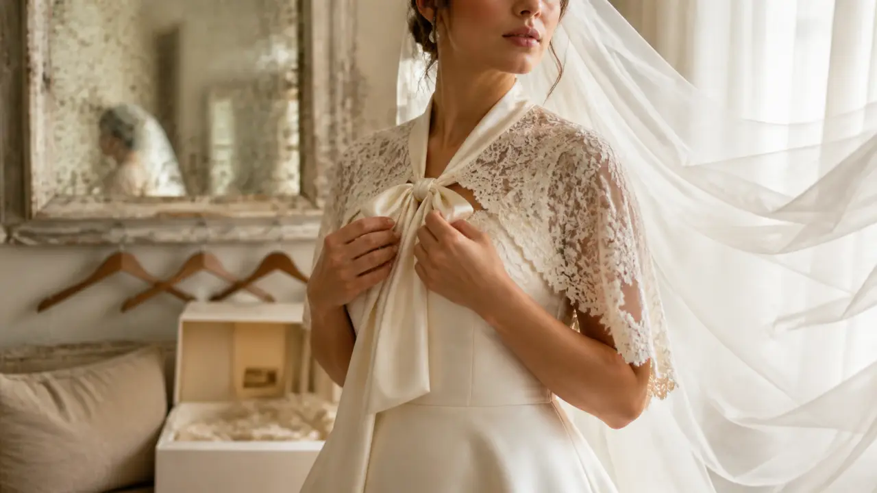Veste mariée en dentelle sur robe de mariée ivoire, épaules couvertes sans cacher la robe