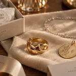 Bijoux cadeau symbolique 40 ans femme : bague dorée et médaillon gravé sur velours