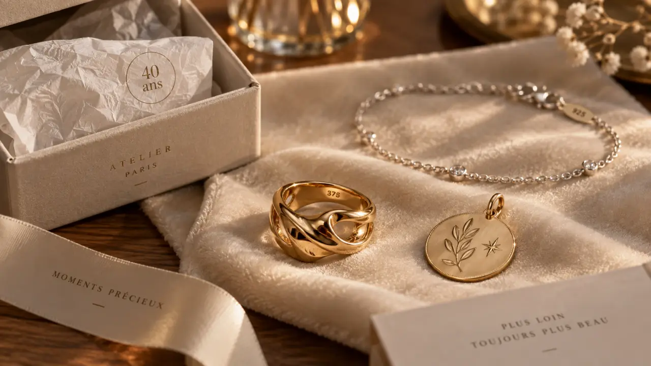 Bijoux cadeau symbolique 40 ans femme : bague dorée et médaillon gravé sur velours