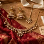 Bijoux femme inde : parure dorée et pampilles sur plateau en bois