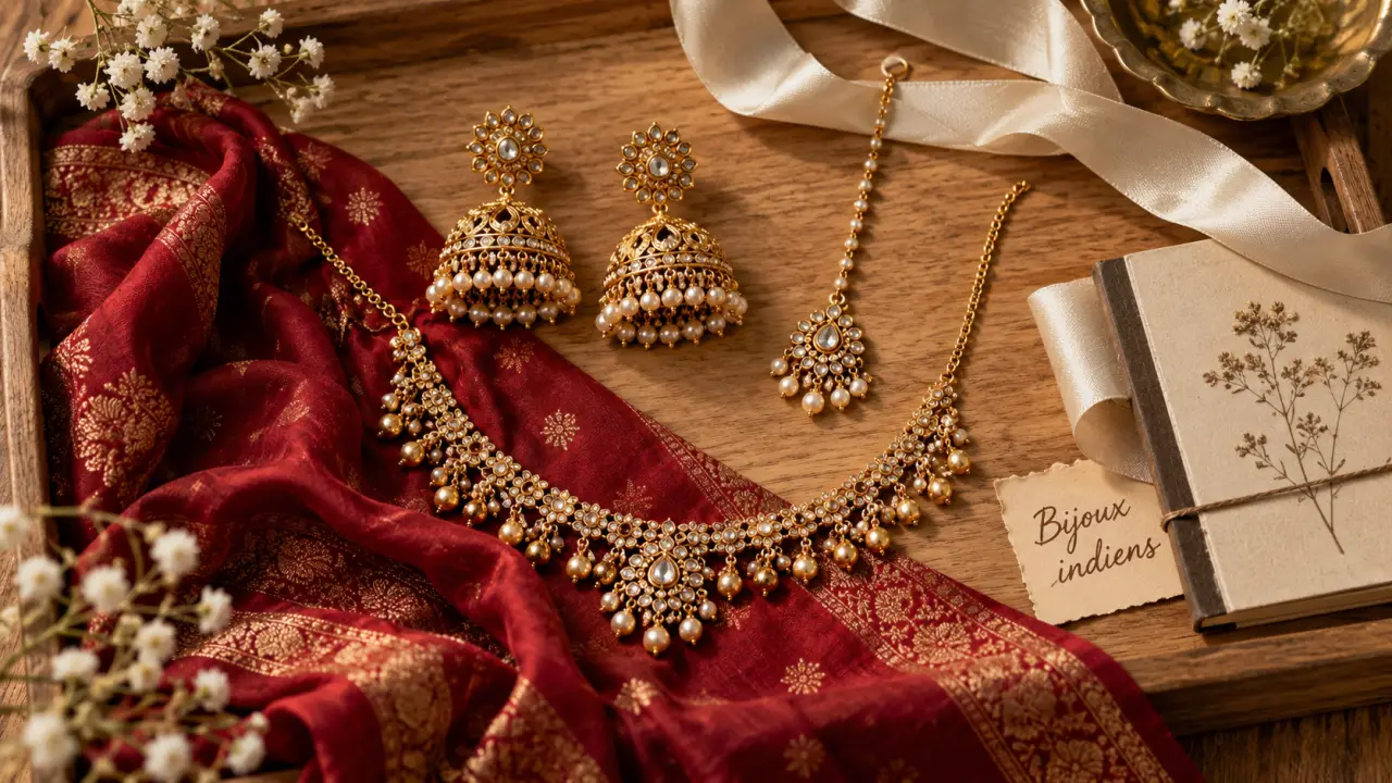 Bijoux femme inde : parure dorée et pampilles sur plateau en bois