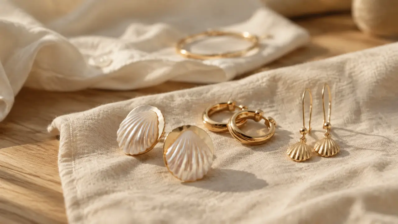 Boucles d oreilles coquillages chic en nacre et or, gros plan