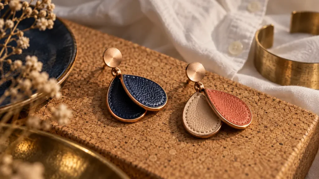 Boucles d oreilles georgettes cuir réversible bleu et beige, gros plan