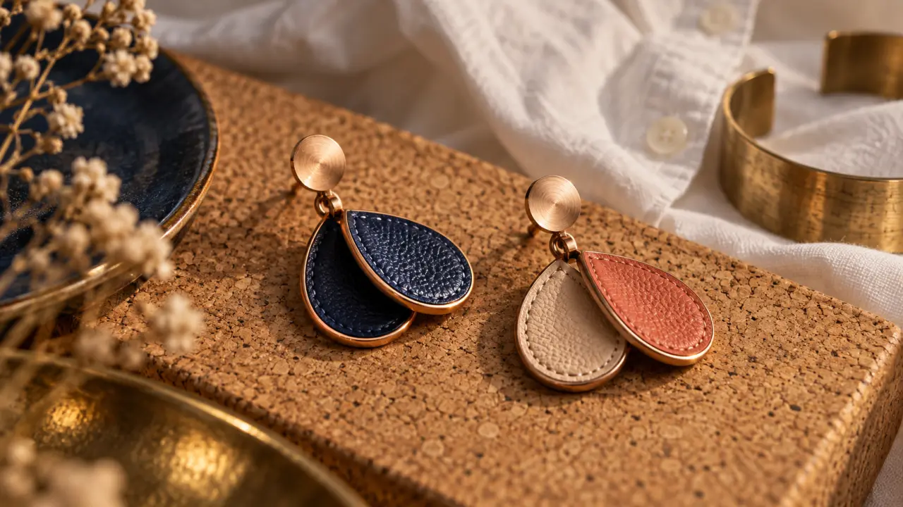 Boucles d oreilles georgettes cuir réversible bleu et beige, gros plan