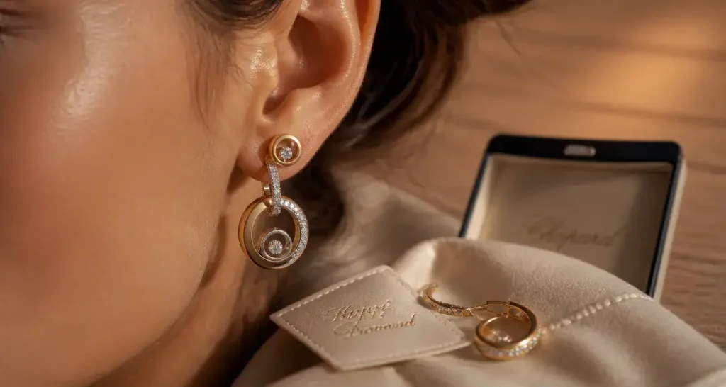 Boucles d oreilles Chopard en or et diamants sur velours ivoire