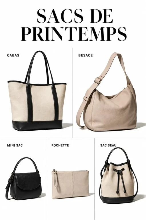 printemps sacs à main : comparaison visuelle des formats cabas, besace, mini sac, pochette et sac seau