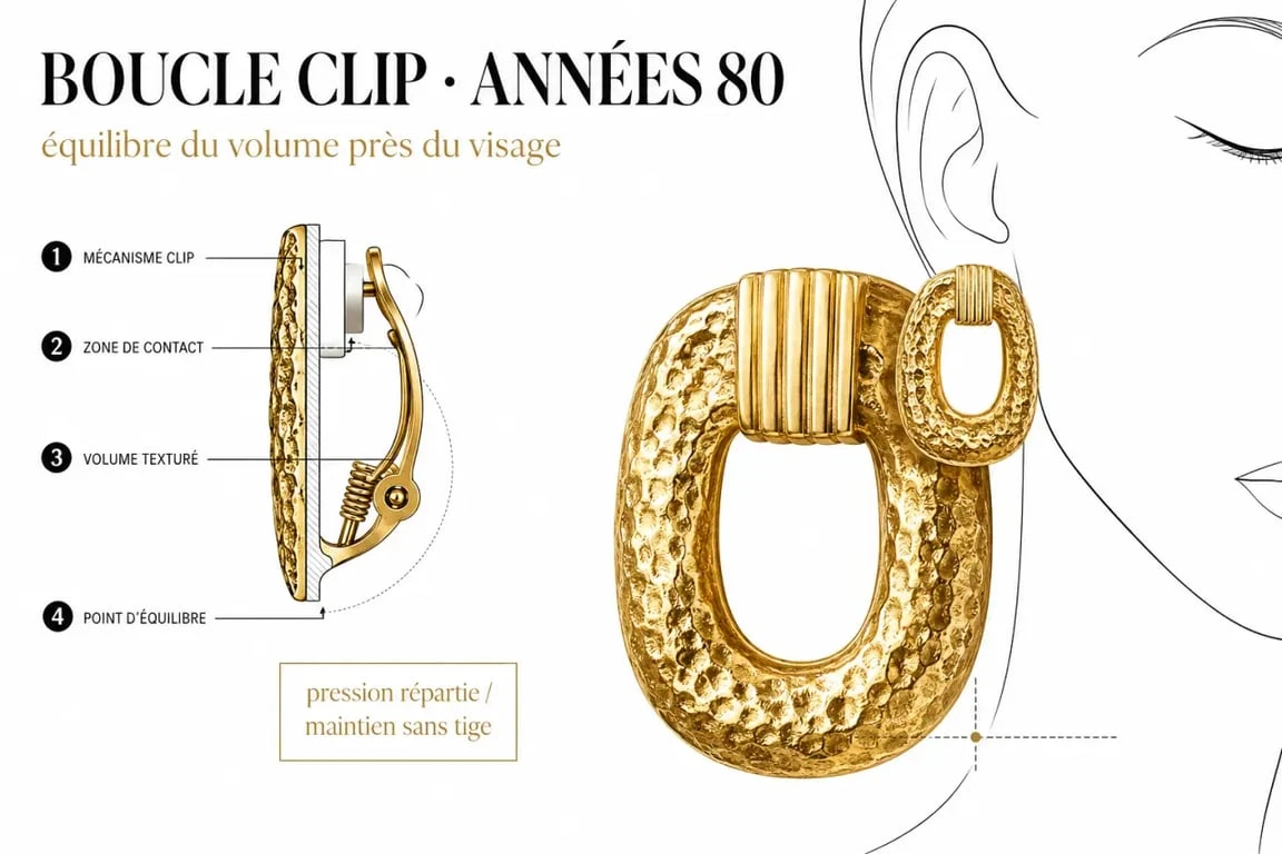 Boucles d’oreilles année 80 : détail du clip et du confort de port