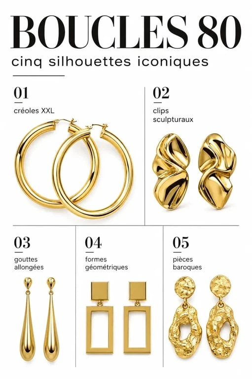 Boucles d’oreilles année 80 : cinq styles emblématiques illustrés en une composition éditoriale