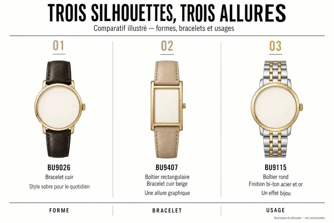 Infographie comparative de trois montres Burberry pour femme BU9026, BU9407 et BU9115