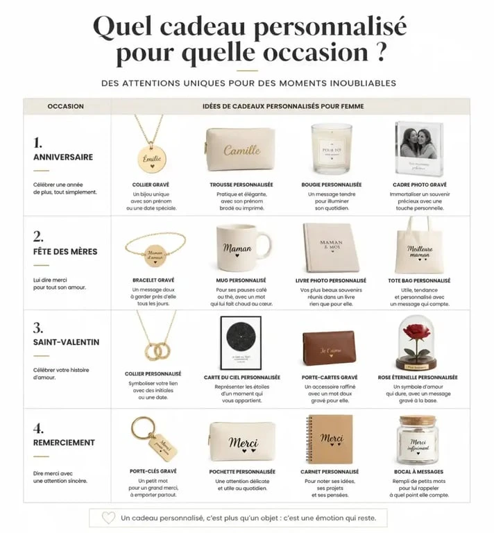 Tableau récapitulatif des idées cadeaux personnalisés pour femme selon l'occasion