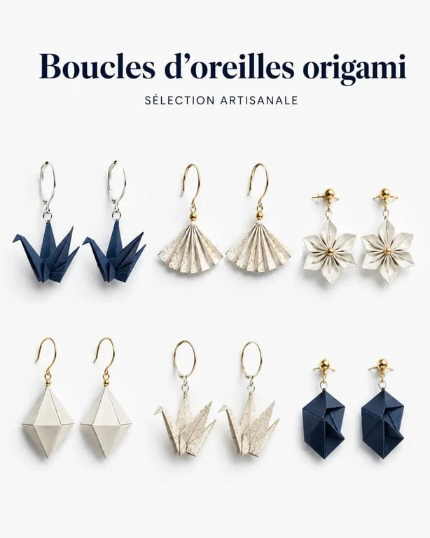 Boucles d oreilles origami avec plusieurs formes et montures présentées en vue comparative
