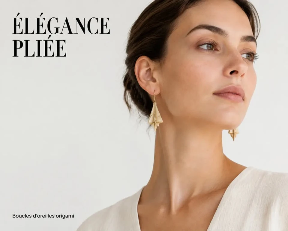 Boucles d oreilles origami portées sur un visage de profil avec une tenue sobre