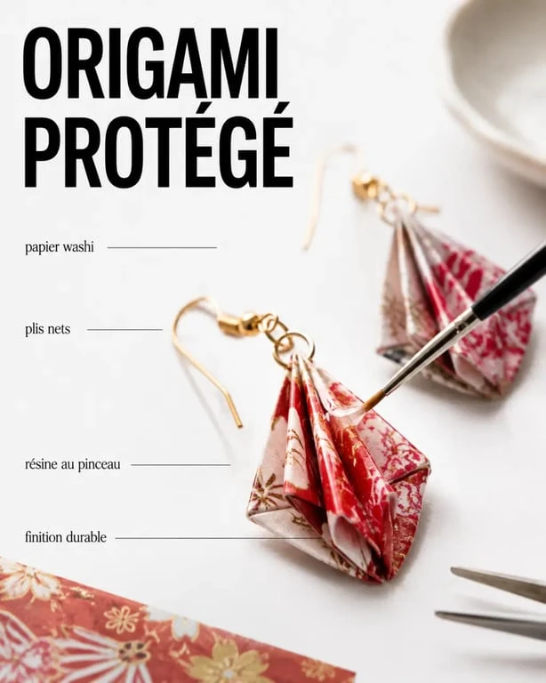 Boucles d oreilles origami en gros plan avec papier washi et finitions artisanales