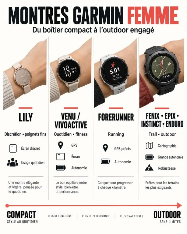 Infographie comparative des montres Garmin femme par usage, taille et fonctionnalités