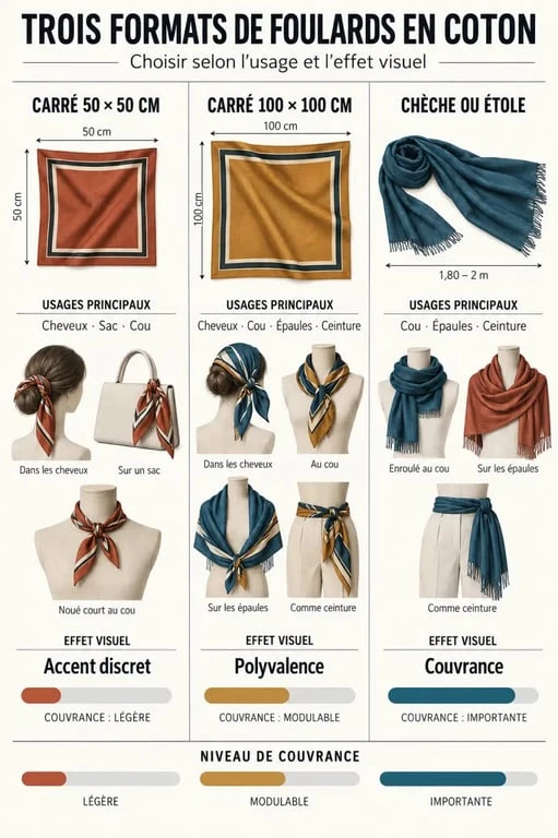 Infographie des formats et usages d’un foulard coton femme