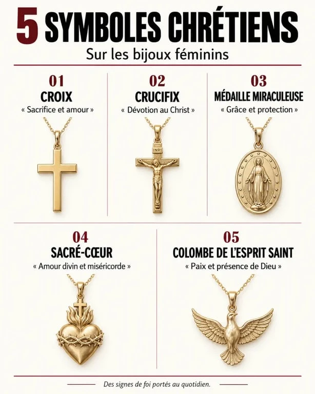 Infographie des symboles des bijoux chrétiens pour femme et de leur signification