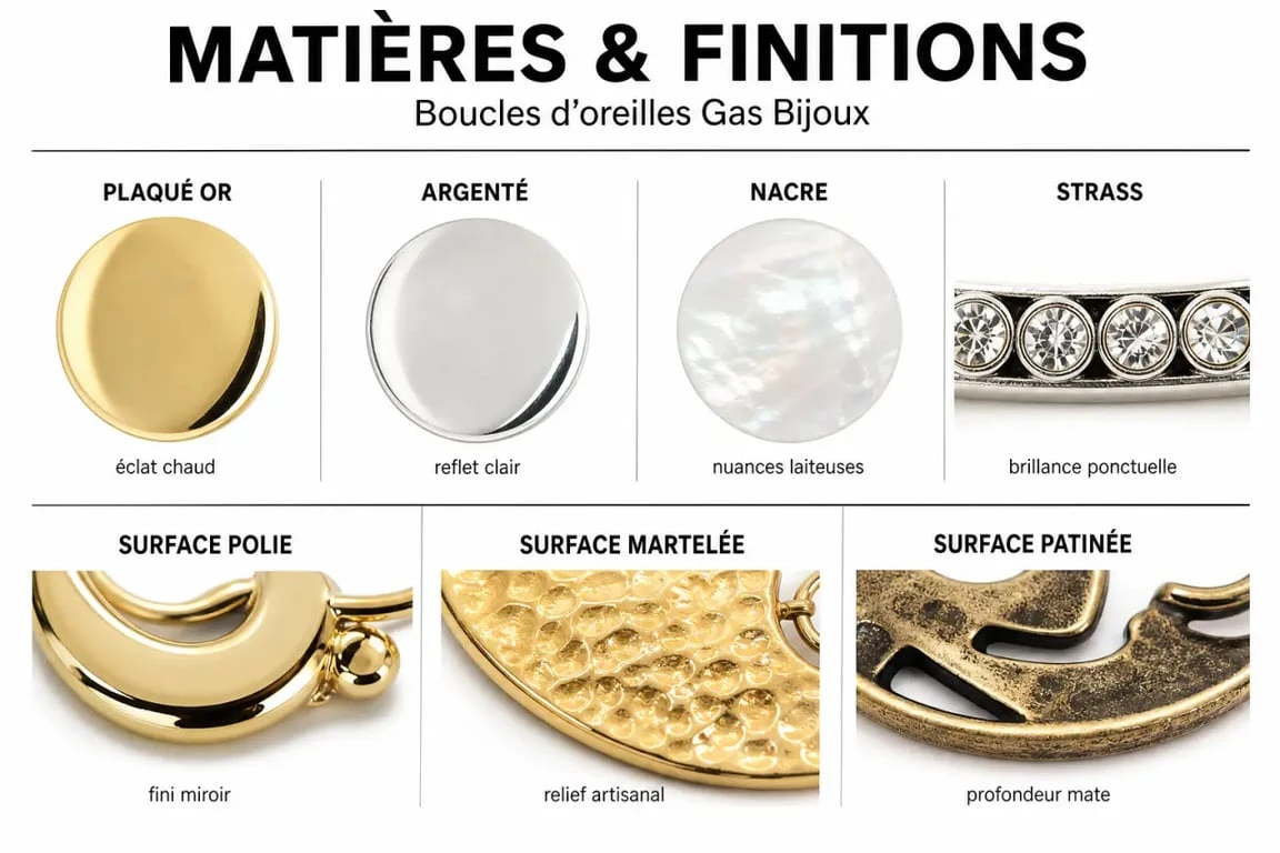 Boucles d oreilles gas : matières et finitions plaqué or, argenté, nacre et strass