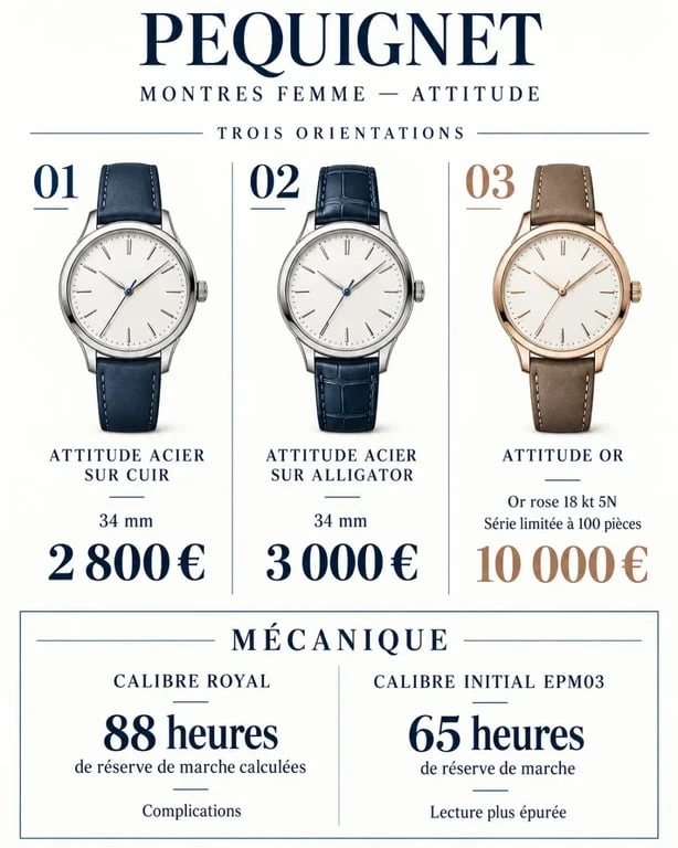 Infographie des montres femme Pequignet avec modèles, prix et calibres