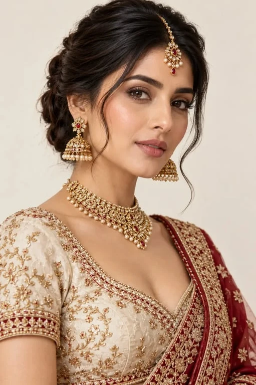 Femme portant une parure de bijoux femme inde avec jhumka et maang tikka