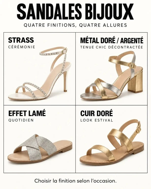 Infographie des styles de sandales femme bijoux : strass, métal, effet lamé et cuir doré