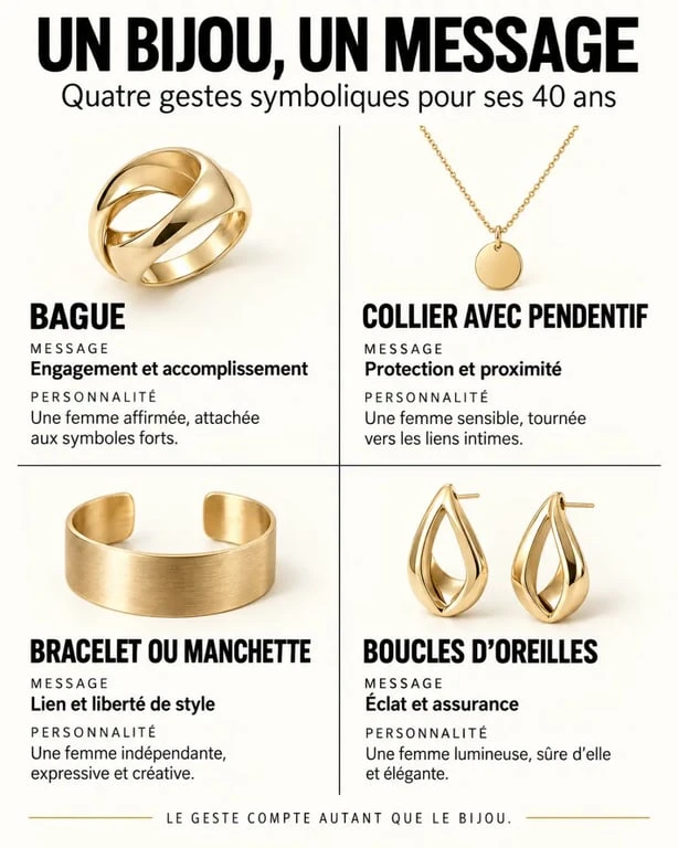 Infographie des bijoux cadeau symbolique 40 ans femme selon le message à transmettre