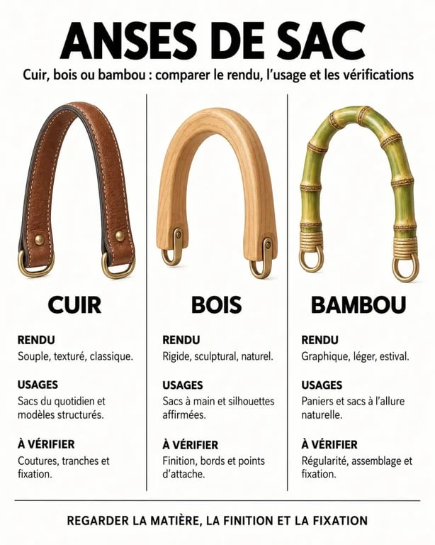 Infographie comparative sur les anses de sacs à main en cuir, bois et bambou
